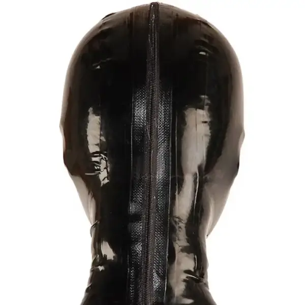Rear view of fitted rubber mask with back zipper