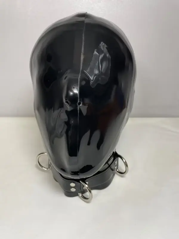 Latex Hood with Hidden Eyes and integrated collar with D-rings front view