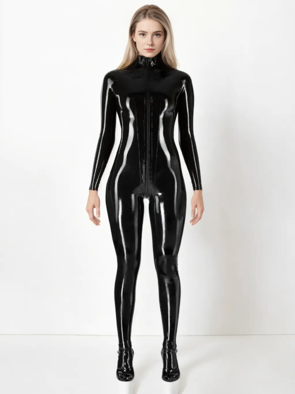 Black Latex Catsuit - Front View Black latex catsuit front view with long zipper