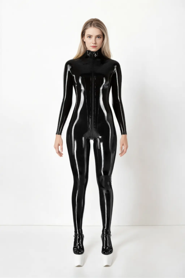 Home Black latex catsuit front view with long zipper