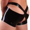 Three views of mens cutout fetish underwear showing total access