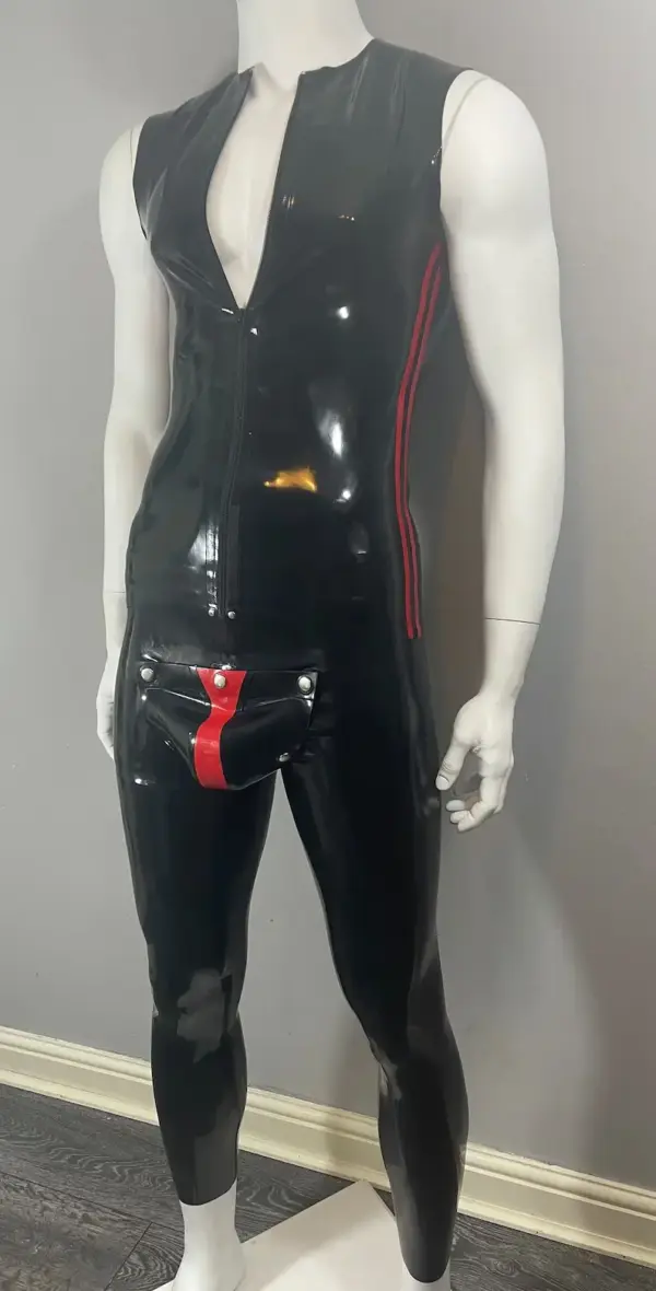 Full body view of heavy duty latex pants for men with snap on pouch