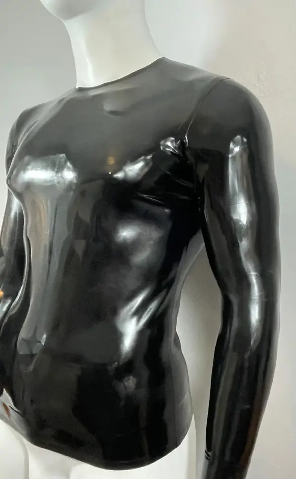 Close up of crew neck and shoulder seams on 0.45mm latex t-shirt