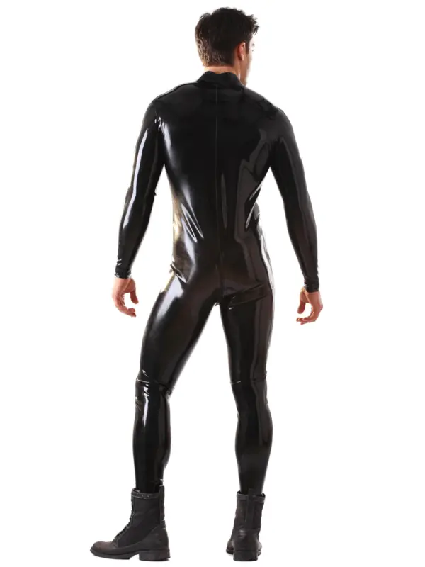 Back view of black rubber catsuit for men showing seamless fit and rear zipper end