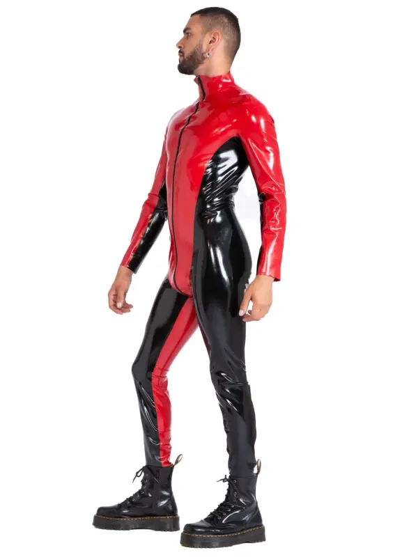 Blazing Bicolor Latex Catsuit - Red & Black Front Zip