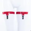 Glossy red latex thigh garters with adjustable straps and metal stocking clips front view