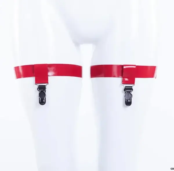 Glossy red latex thigh garters with adjustable straps and metal stocking clips front view