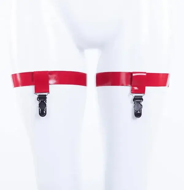 Adjustable Red Latex Thigh Garters with Stocking Clips