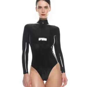 The Art of The Glide: How to Put On Latex Clothing Like a Pro High Neck Glossy Latex Bodysuit front view with long sleeves and crotch zip
