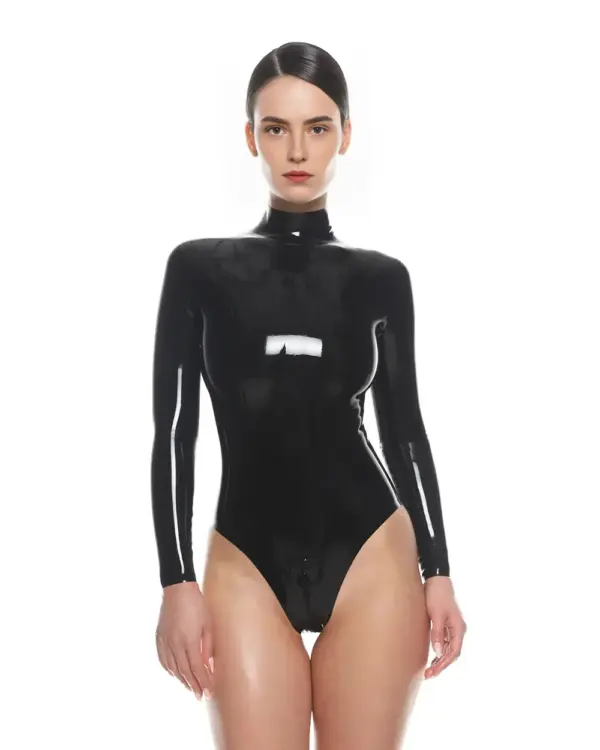 Home High Neck Glossy Latex Bodysuit front view with long sleeves and crotch zip