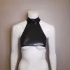 Glossy black latex underboob top with o-ring collar and high neck front view