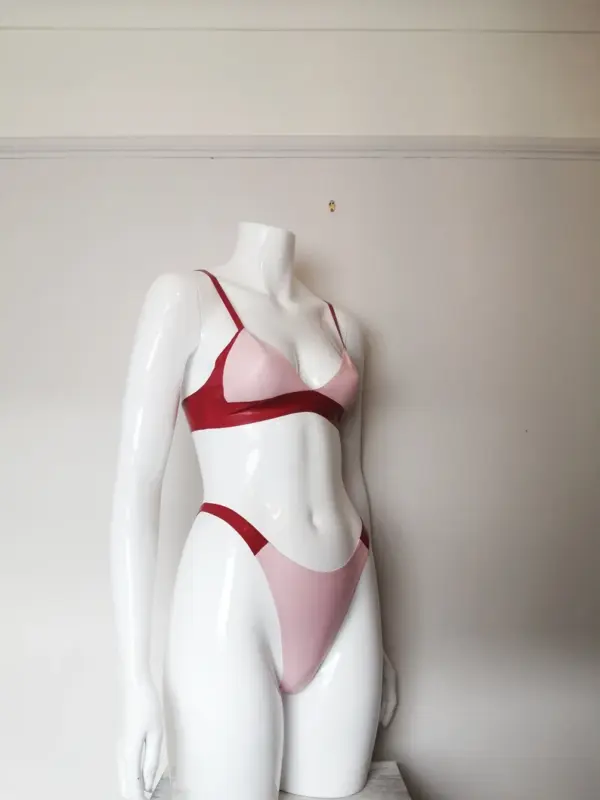 Latex Luxe Two-Piece Set – Baby Pink Triangle Bra & Red Thong