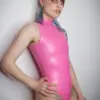 Glossy pink latex bodysuit high neck sleeveless unisex fit front view