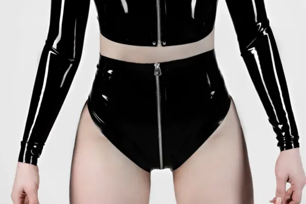 Luxe Black Latex High-Waist Panties with Crotch Zipper