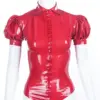 Glossy red latex puff sleeve blouse with front snap buttons and rounded collar front view