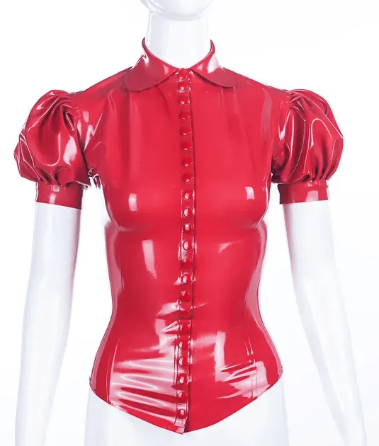 Glossy red latex puff sleeve blouse with front snap buttons and rounded collar front view
