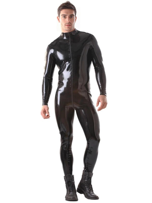 Mens Latex Catsuit - Front View Front view of Mens Latex Catsuit with high neck and full front zipper