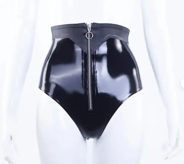 High-Waisted Latex Briefs with O-Ring Front Zipper and Belt Detail
