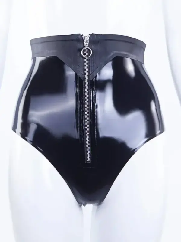 High-Waisted Latex Briefs with O-Ring Front Zipper and Belt Detail