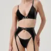 Latex Libertine 3-Piece Lingerie Set - Gold Buckles & Suspender