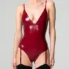 Front view of burgundy Latex Suspender Bodysuit featuring a deep V neckline and attached garter straps