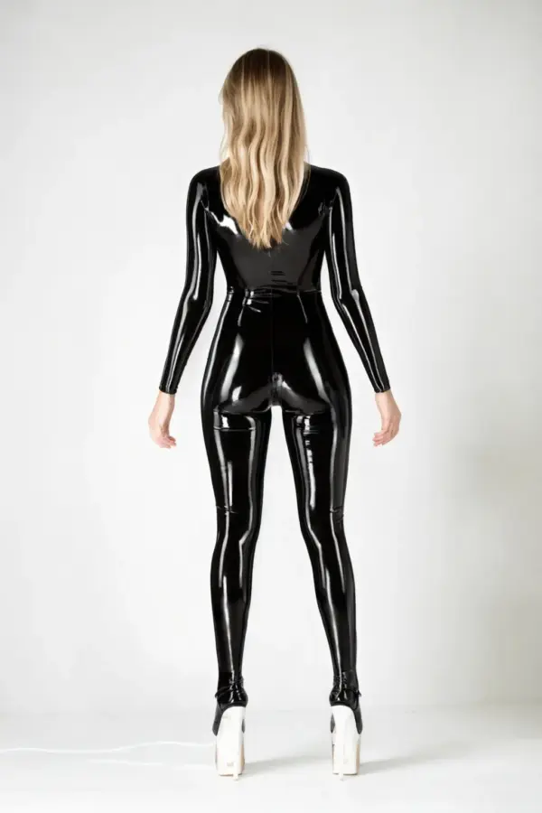 Close-up view of black glossy latex catsuit back showing zipper detail