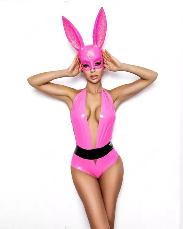 Pink latex bodysuit with deep v-neck and black waistband front view