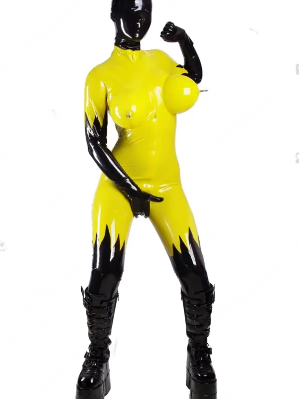 Black & Yellow Flame Pattern Latex Catsuit with Inflated Bust Design