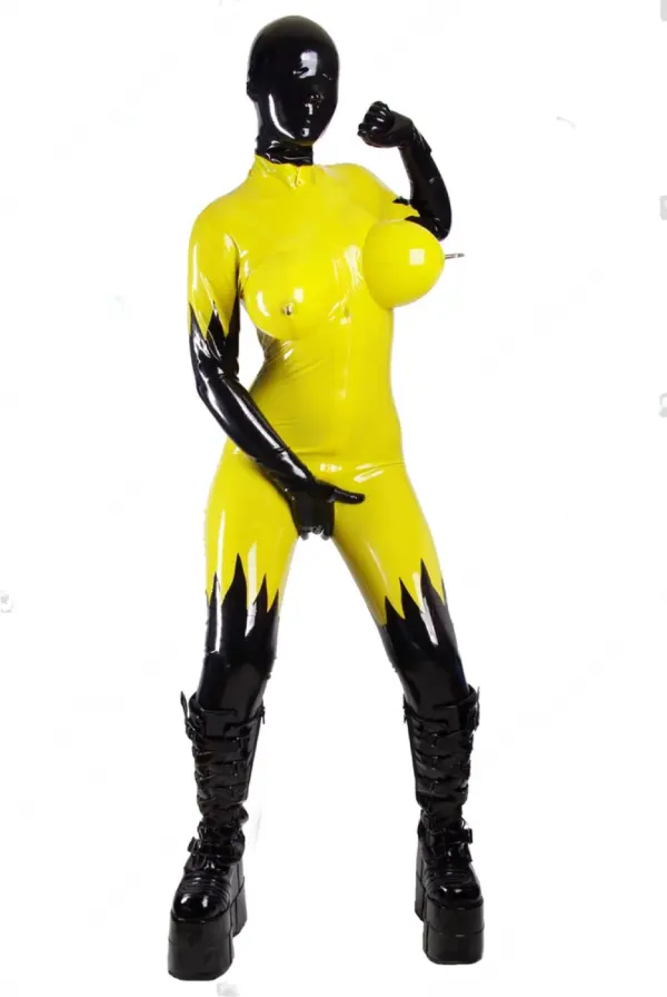 Black & Yellow Flame Pattern Latex Catsuit with Inflated Bust Design