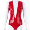 Vibrant red deep v latex bodysuit with plunging neckline and high cut legs front view