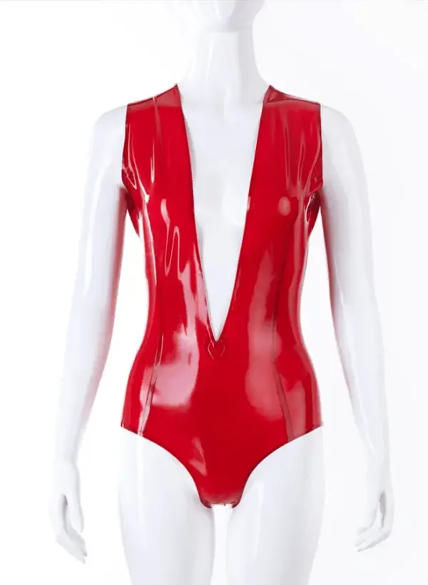 Vibrant red deep v latex bodysuit with plunging neckline and high cut legs front view