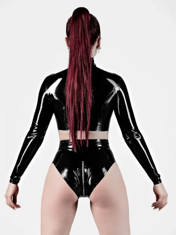 Black rubber crop top back view showing long sleeves