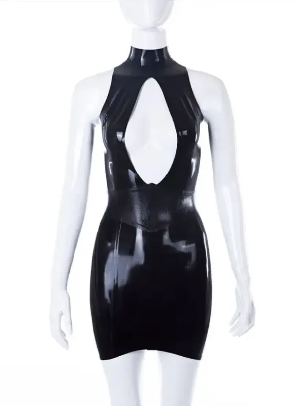 Black keyhole latex mini dress with snake texture waist cutout front view