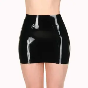 Glossy black high waisted latex mini skirt front view with panel seaming