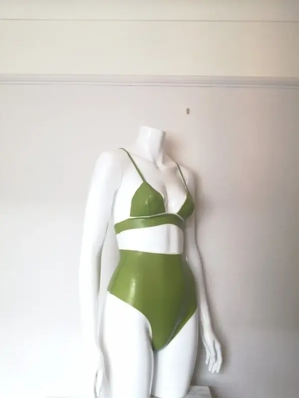 Natural Green Latex Triangle Bra and High-Waist Thong Set – Two Piece Custom Made