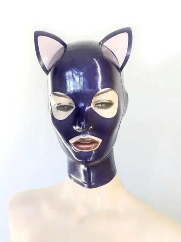 Purple Latex Cat Hood with ears and trimmed openings front view