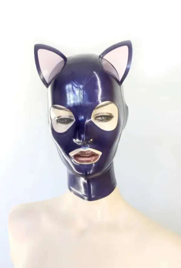 Purple Latex Cat Hood with ears and trimmed openings front view