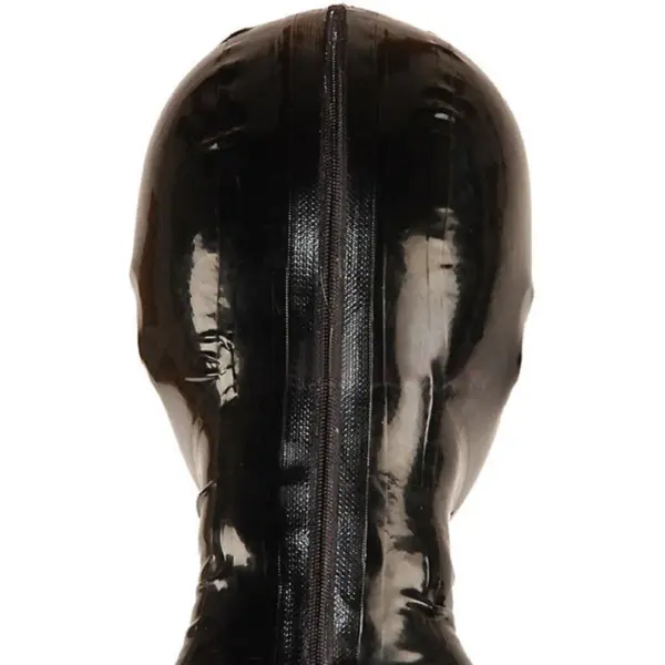 Side view of heavy rubber mask with red mouth insert and nose holes