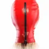 Rear view of red rubber mask with black zipper and hair guard