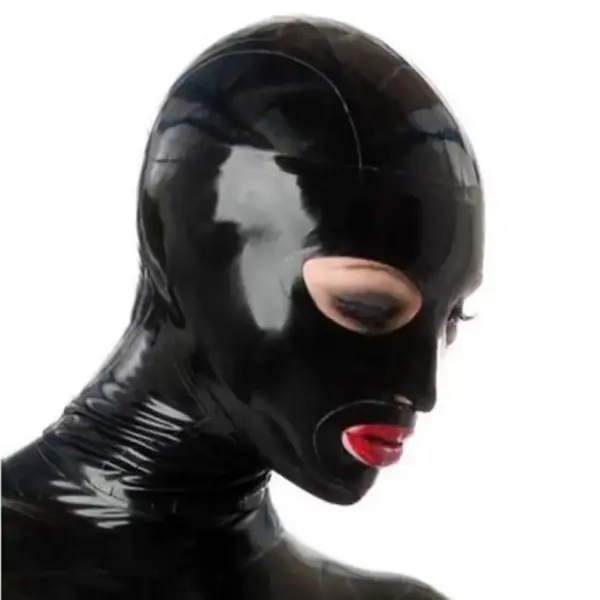 Anatomical Black Latex Hood with open face and panel design front view