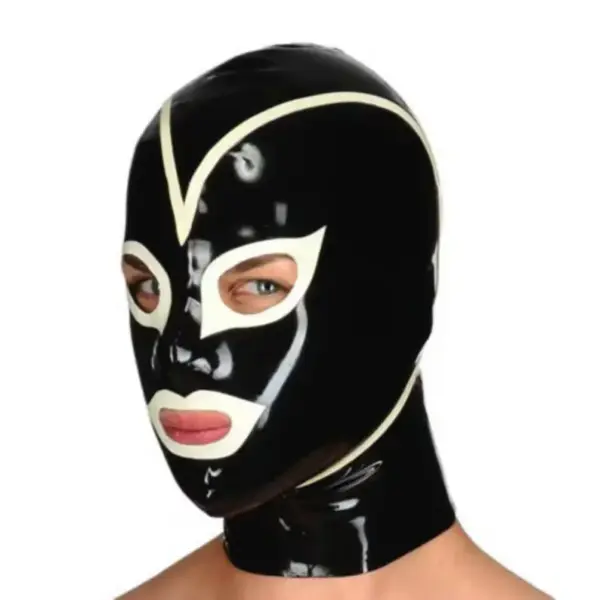 Side view of graphic rubber mask with rear zipper and white trim