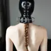 Rear view of laced back rubber bondage mask with metal O-rings