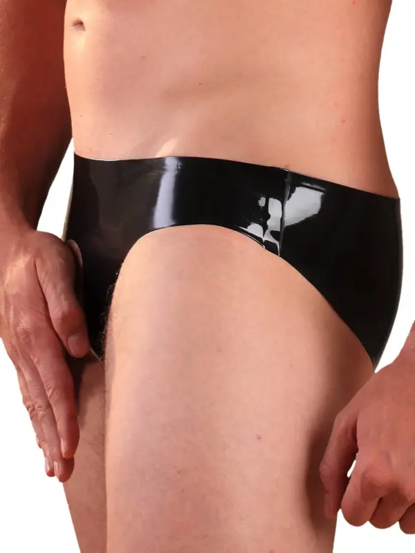 Men's Latex Briefs with Cut-Out Ring front view black rubber underwear