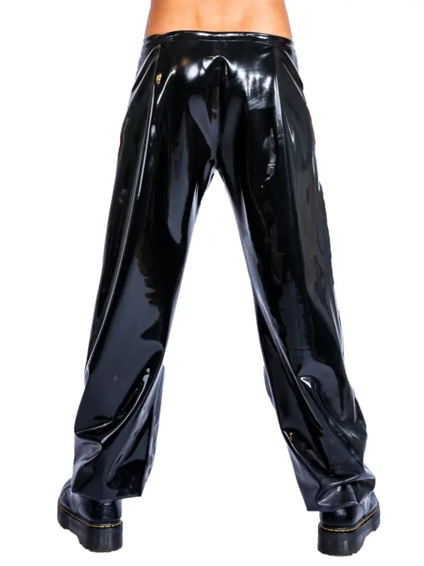 Full body view of loose fit latex trousers casual streetwear style