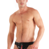 Men's Latex Jockstrap with Red Zip front view black rubber underwear
