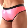 Close up of hot pink rubber inserts on mens latex underwear