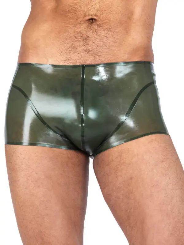 Men's Army Green Latex Boxer Shorts with black side stripes front view