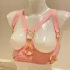 Pink Latex Cupless Bra with gold hardware 0.8mm thick on mannequin