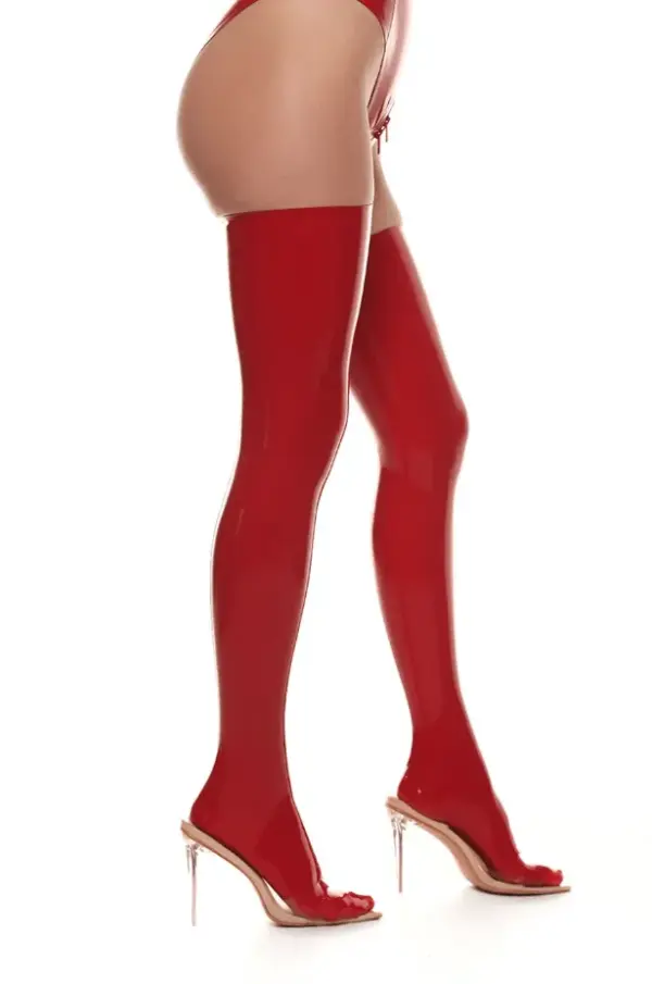 Glossy red Latex Thigh-High Stockings with seamless design