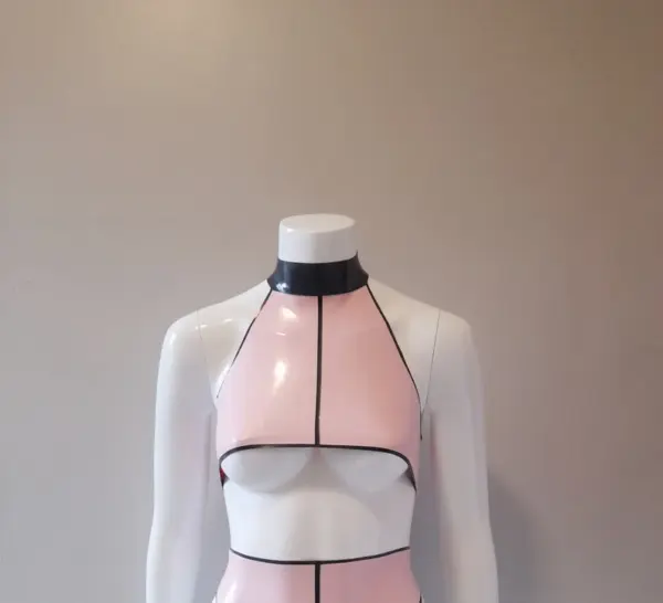 Glossy baby pink latex underboob crop top with black pin stripes and halter neck front view